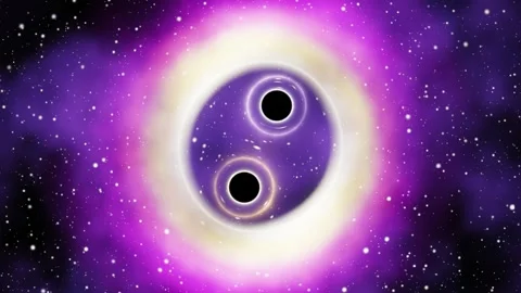 Binary black hole system orbiting with glowing pink accretion disk in deep space Stock Footage 346964270