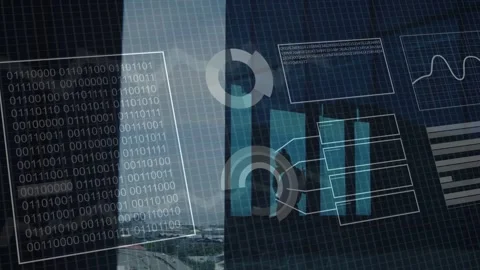 Binary block appearing left center triggers HUD panels sliding linking expanding Stock Footage 332685924