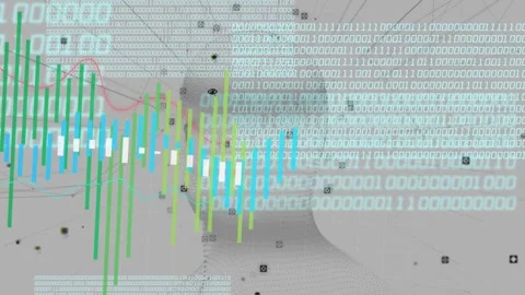 Binary block emerging from right, starting 3D head rotating and bars rising, Stock Footage 335739848