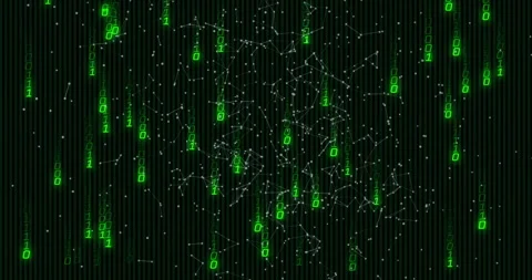On binary cascade green code flowing as white network pulsing fading splitting Stock Footage 314454912