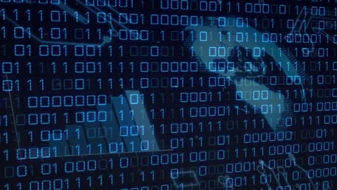 Binary cascade showing hoodie figure typing laptop, causing globe rotating for Stock Footage 319682489