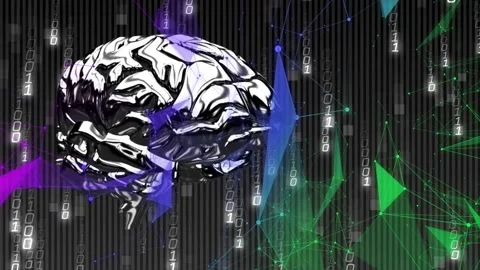 Binary cascade starting, chrome brain rotating to center, meshes sweeping, Stock Footage 334337699