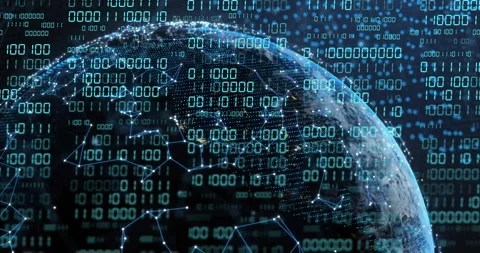 Binary cascade starting digital globe rotating nodes forming and pulsing showing Stock Footage 328583909