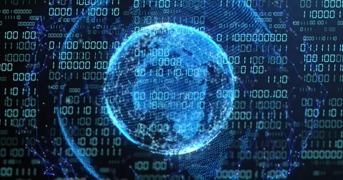 Binary cascade starting holographic globe rotating, shifting dots, pulsing Stock Footage 329114848