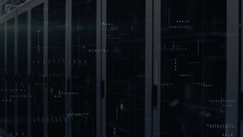 Binary clusters materializing before server cabinets, cascading ones and zeros Stock Footage 311884218
