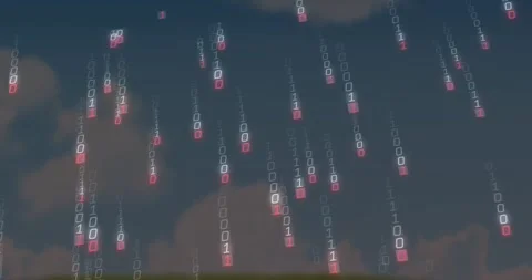 Binary clusters spawning high and falling in glowing streams, visualizing data Stock Footage 329471336