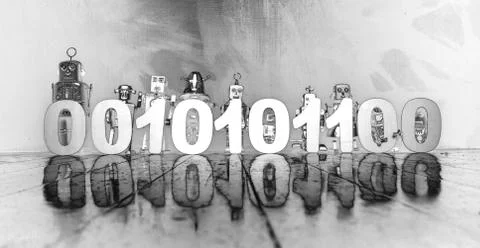 Binary cod held by a line of vintage robot n solarized monochrome 写真素材