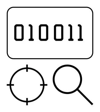 Binary code 010011, magnifying glass, target symbol. Ideal for data analysis, Illustrazione stock
