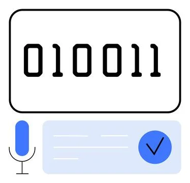 Binary code 010011 with microphone symbol, text entry box, and blue verificat Stock Illustration