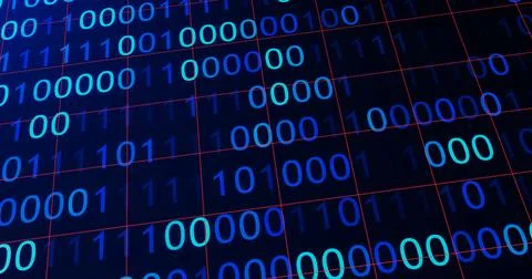 BINARY CODE 3D BG WITH CAMERA MOVEMENT. ABSTRACT BINARY 0 AND 1 CODE FALLIN.. Illustrazione stock