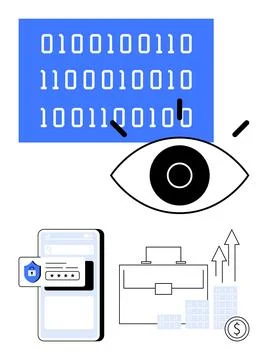 Binary code above an eye symbolizing surveillance, a secure login on a smartp Stock Illustration