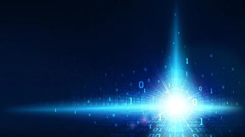 Binary code in abstract futuristic cyberspace, matrix shining blue background Stock Illustration