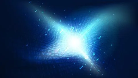 Binary code in abstract futuristic cyberspace, matrix shining blue background Stock Illustration