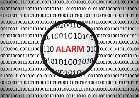 Binary code with ALARM and magnifying lens on white background 스톡 일러스트