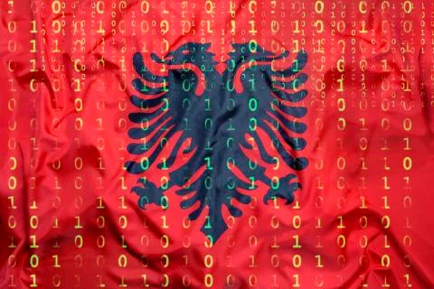 Binary code with Albania flag, data protection concept Stockfoto's