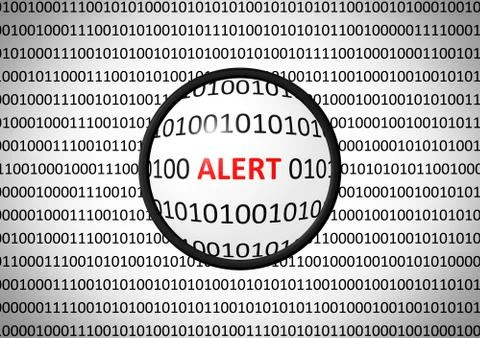 Binary code with ALERT and magnifying lens on white background Stock Illustration