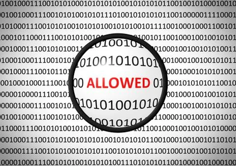 Binary code with ALLOWED ACCESS and magnifying lens on white background Stock Illustration
