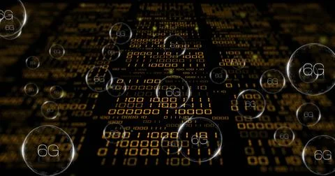 Binary code and 6G text image over digital matrix background Stock Photos