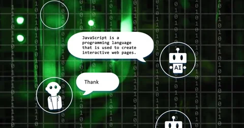 Binary code and AI robots with speech bubbles, programming language animation Stock Footage 305526504