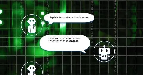 Binary code and AI robots with speech bubbles, programming language image Stock-Fotos