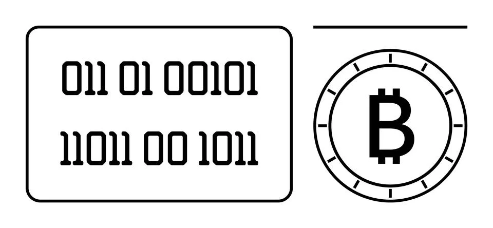 Binary code and Bitcoin symbol highlighting digital currency and cryptograp.. Illustrazione stock