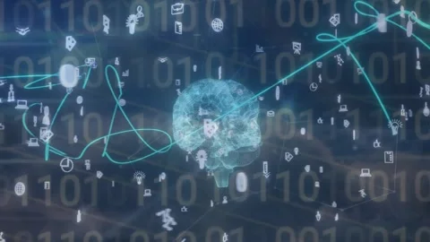 Binary code and brain with data processing animation over digital icons Stock Footage 330403284