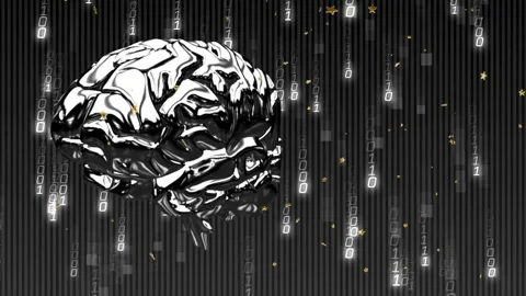 Binary code and brain model animation over dark vertical lines background Stock Footage 305292402