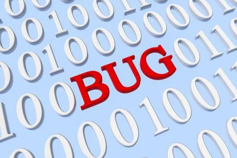 Binary code and Bug word in red color on blue technology background. 3D  库存插图