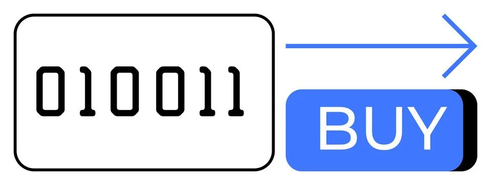 Binary Code and BUY Button with Right Arrow Indicating Digital Purchase Stock Illustration