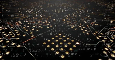 Binary code and circuit board animation over dark background with glowing nodes Stock Footage 303740123