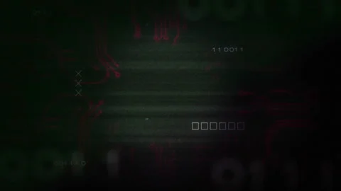 Binary code and circuit board animation over dark background with red lines Stock Footage 304019381