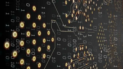 Binary code and circuit board animation over dark background with glowing nodes Stock Footage 313356201