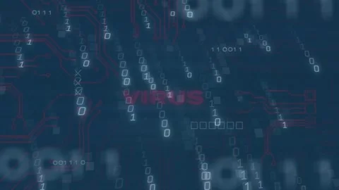 Binary code and circuit patterns with VIRUS text animation over blue background 動画素材 326631707