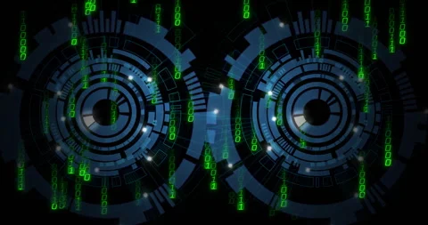 Binary code and circular digital interface animation over black background Stock Footage 303739297