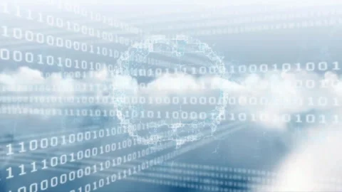Binary code and cloud computing animation over cloudy sky background Stock Footage 305432594