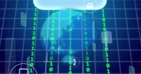 Binary code and cloud computing icons animation over globe and grid background Stock Footage 305893346