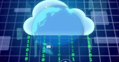 Binary code and cloud computing icons image over globe and grid background イラスト素材