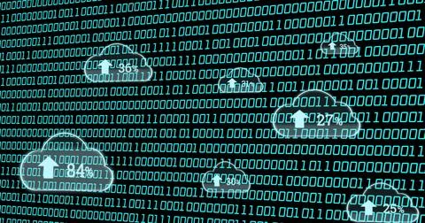 Binary code and cloud icons with upload symbols, representing cloud computing Stock Photos