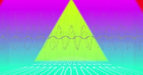 Binary code and colorful waveforms animating over vibrant gradient background Stock Footage 304860938