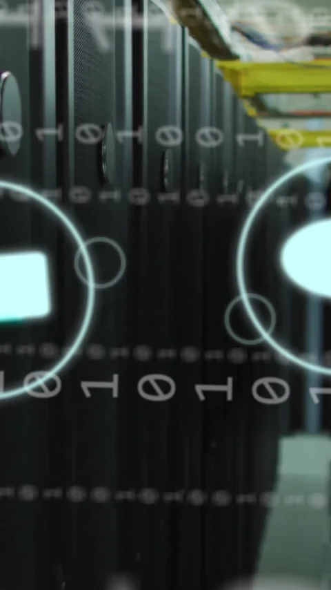 Binary code and communication icons animation over data center servers Stockbeeldmateriaal 342996142