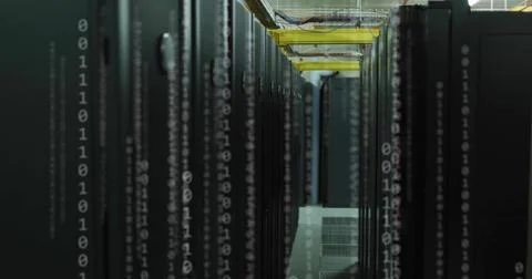 Binary code and communication icons image over data center servers Stock Photos