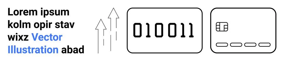 Binary code and credit card outline with growth arrows and placeholder text.  Stock Illustration