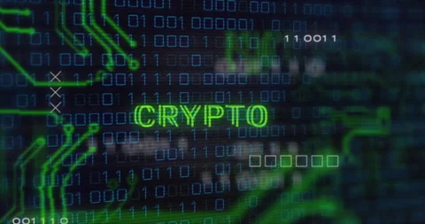 Binary code and CRYPTO text animation over digital background Stock Footage 305292557
