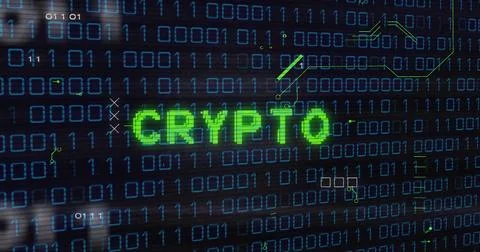 Binary code and CRYPTO text image over digital data background Stock Photos