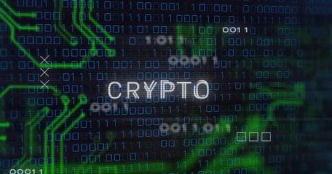 Binary code and CRYPTO text image over digital background 库存照片