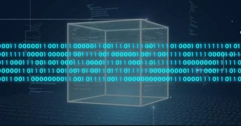 Binary code and cube image over digital grid background Foto stock