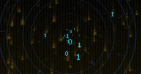 Binary code and currency symbols over digital animation of concentric circles 库存影片 306565363