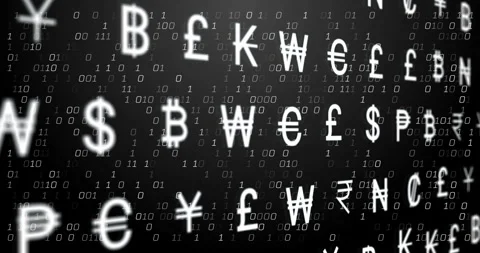 Binary code and currency symbols animation over dark background Stock Footage 306716609