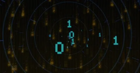 Binary code and currency symbols over digital image of concentric circles Stockillustratie