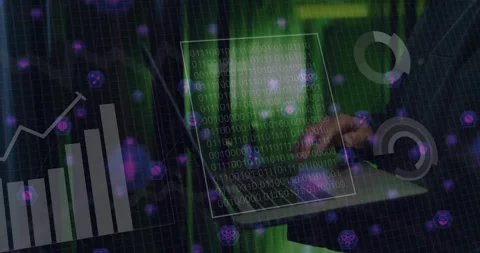 Binary code and data analysis animation over person using laptop Video stock 304767322